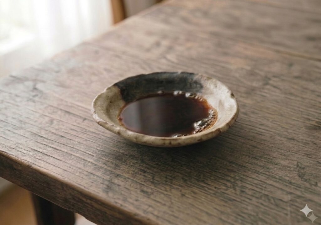 Traditionally brewed Japanese soy sauce prepared for serving.