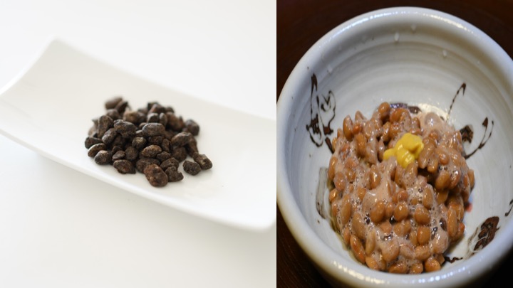 Authentic Hamanatto compared with ordinary sticky natto.