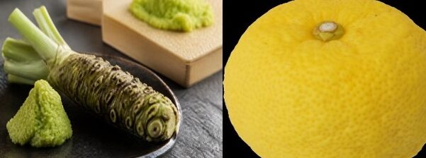 Fresh Japanese yuzu and authentic wasabi presented as premium culinary ingredients.