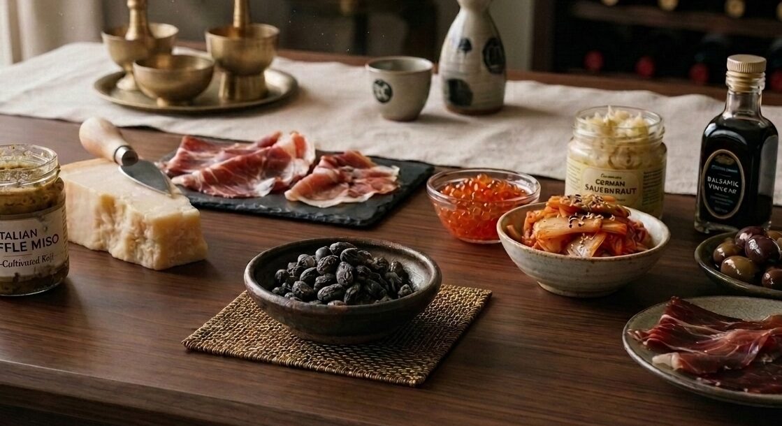 Traditional fermented foods from Japan and around the world displayed together.