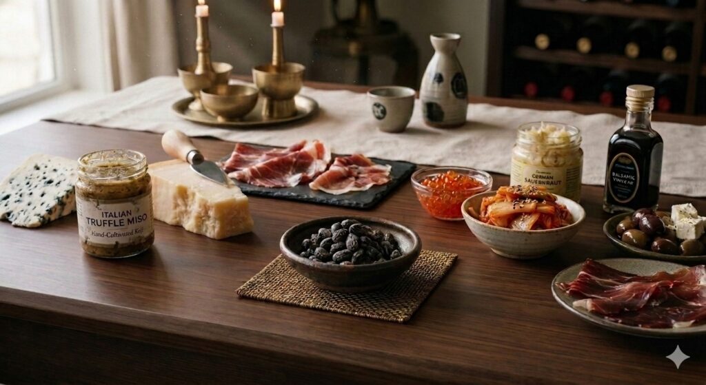 Hamanatto displayed with famous fermented foods from around the world