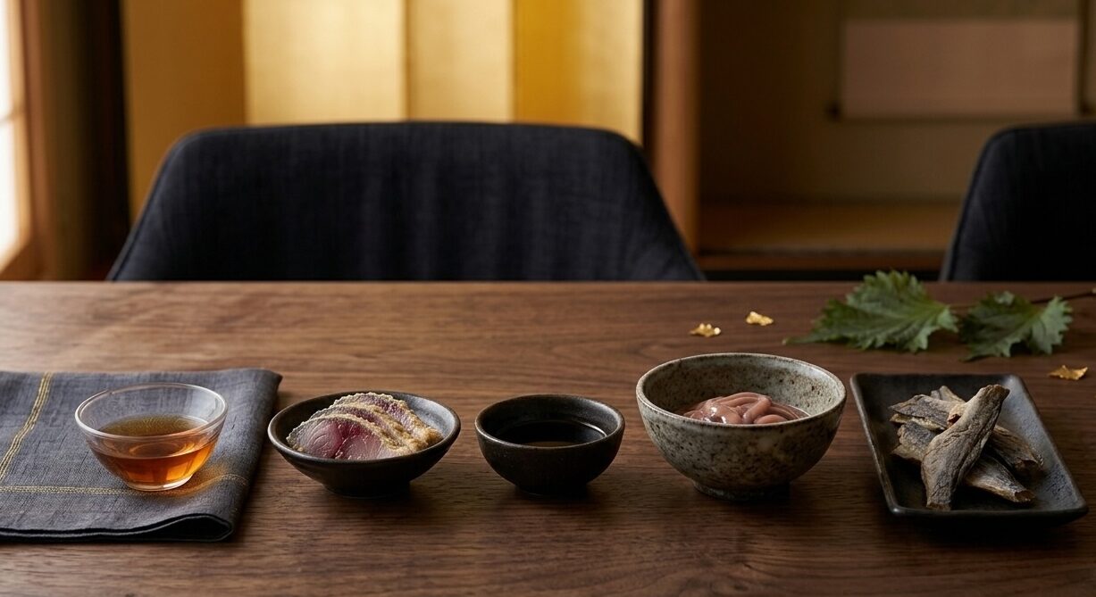 Selection of authentic Japanese fermented seafood products arranged for tasting.