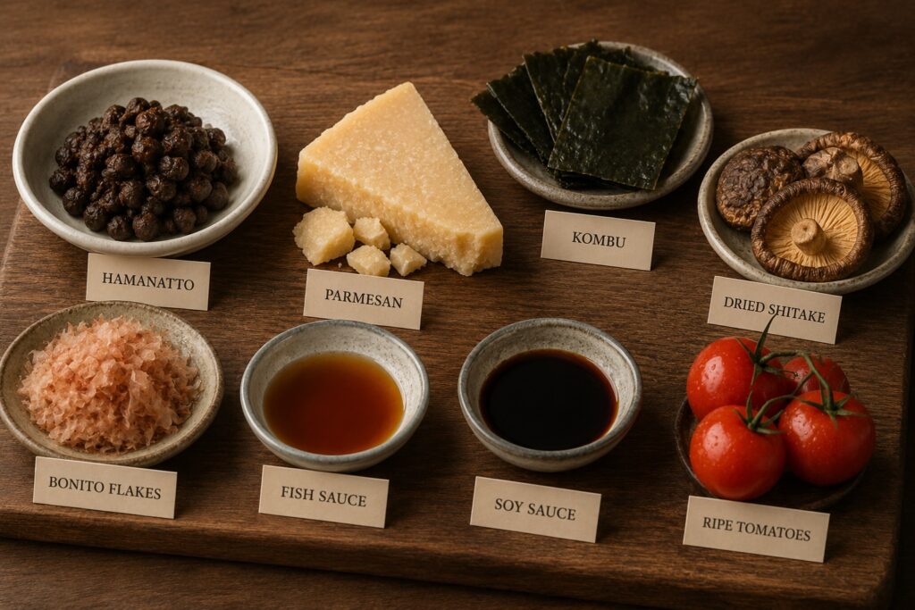 Natural ingredients that create umami through glutamates and nucleotides.