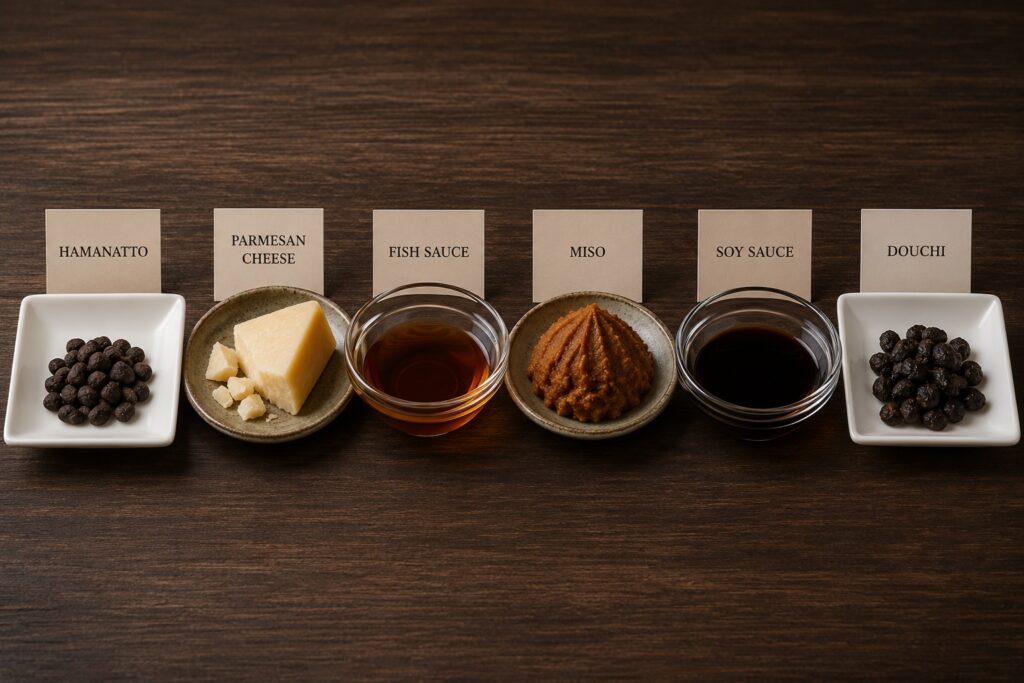 Various naturally fermented foods rich in umami displayed together