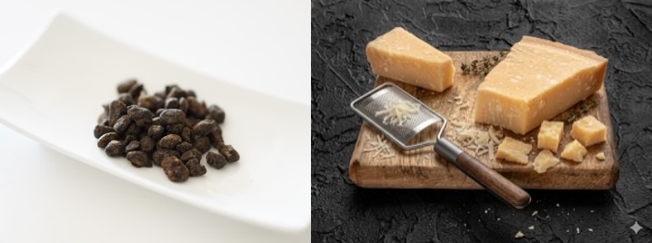 Hamanatto and aged Parmesan cheese shown side by side