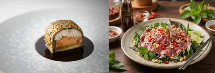 Chef using fish sauce during cooking and Hamanatto as a finishing ingredient
