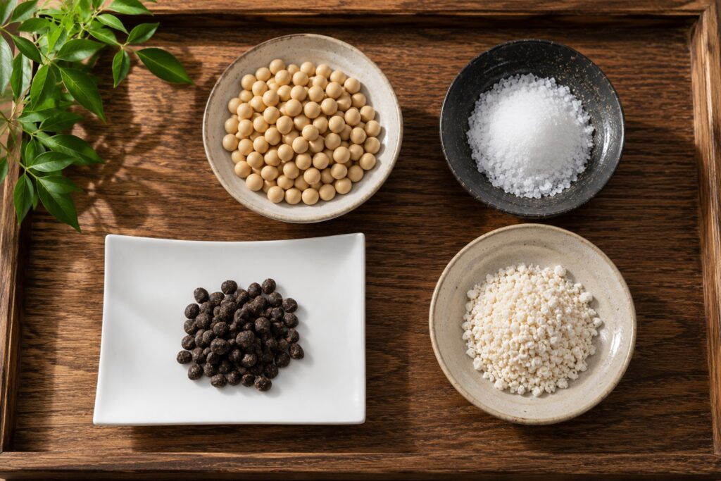Traditional ingredients used to produce authentic Hamanatto.