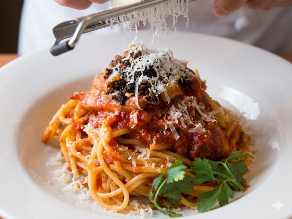 Chef using Parmesan and Hamanatto together on a pasta dish