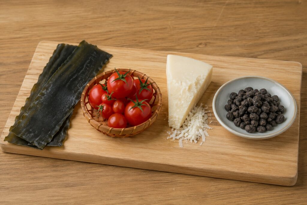 Foods naturally rich in umami including kombu, tomatoes, Parmesan cheese, and Hamanatto