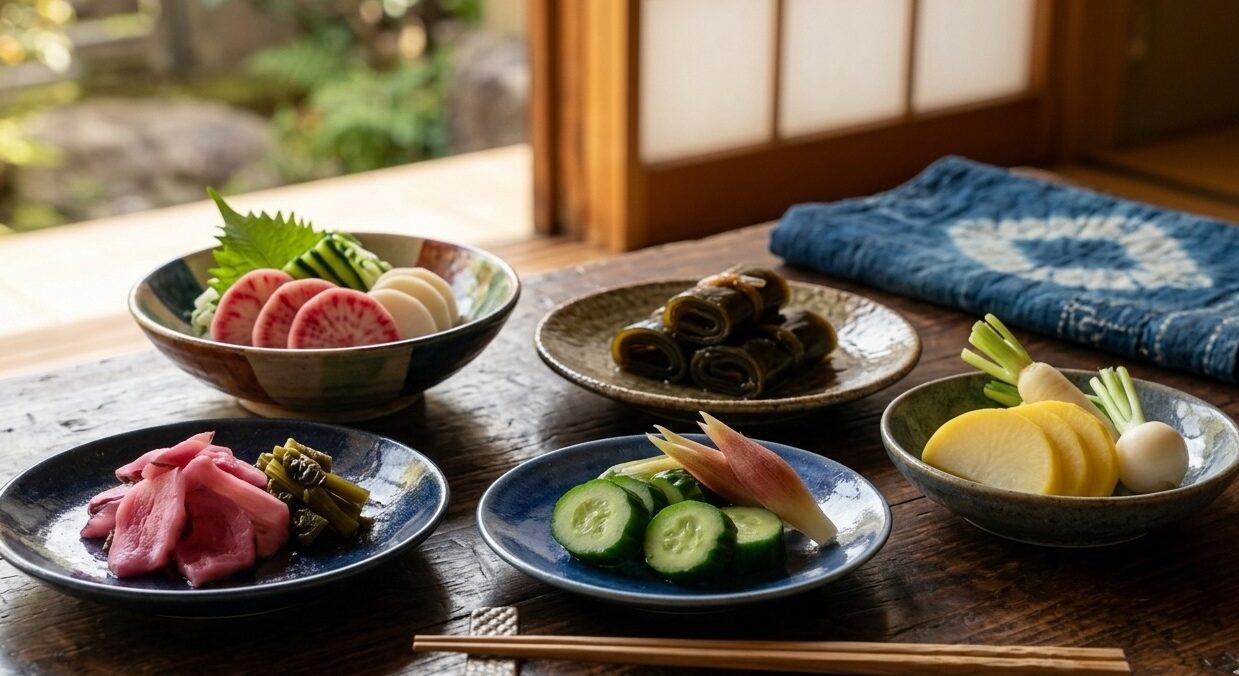 Traditional Japanese fermented pickles served on handcrafted ceramic plates.