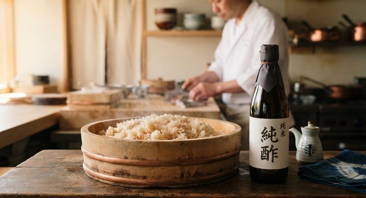 Traditional Japanese rice vinegar used for preparing sushi rice.