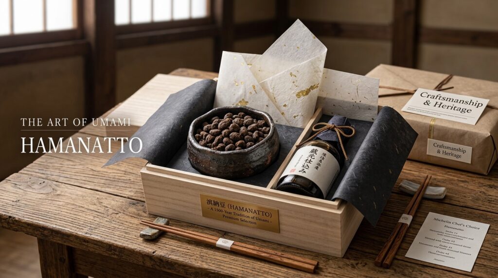 Luxury Japanese gourmet gift presentation featuring authentic Hamanatto.
