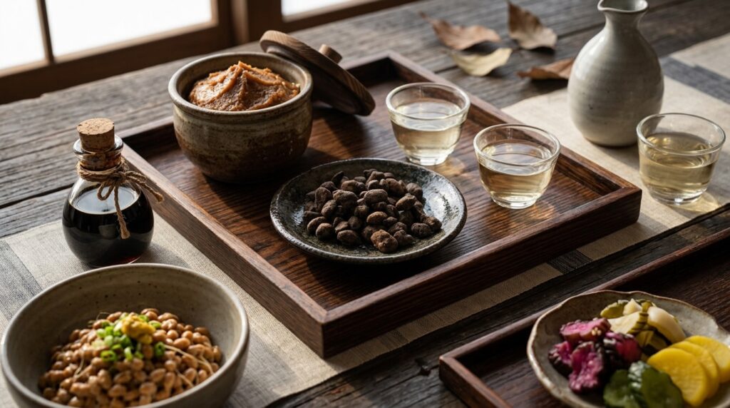 Selection of authentic Japanese fermented foods featuring Hamanatto, miso, soy sauce, natto, sake, and Japanese pickles.