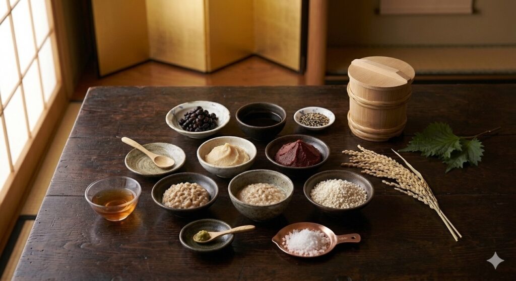 Regional Japanese ingredients representing diverse culinary traditions.