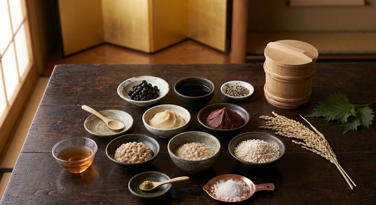 Traditional Japanese fermented seasonings displayed together.