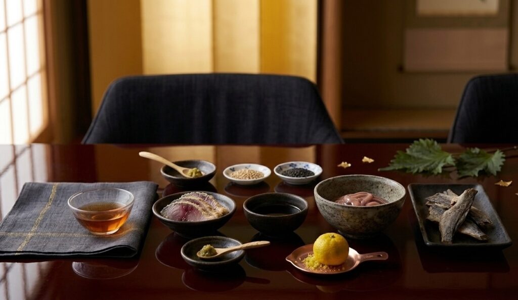 Traditional Japanese seasonings displayed in elegant handcrafted ceramic bowls.