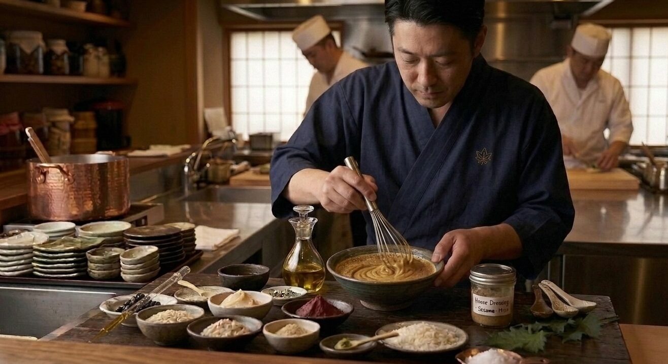 Professional chef evaluating traditional Japanese seasonings.
