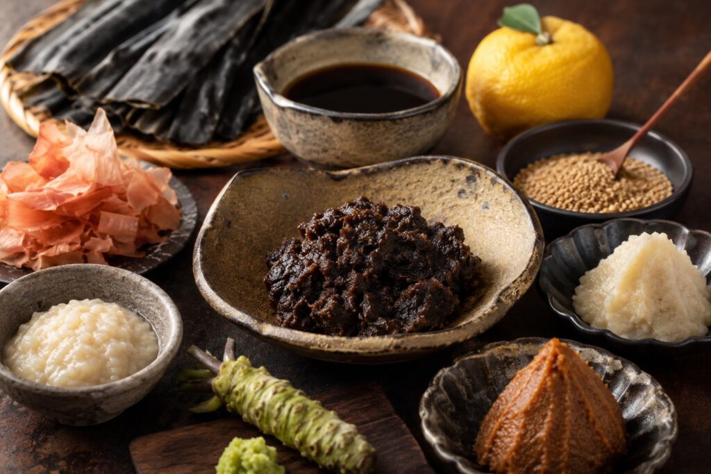 Essential Japanese ingredients displayed in elegant handcrafted ceramics.