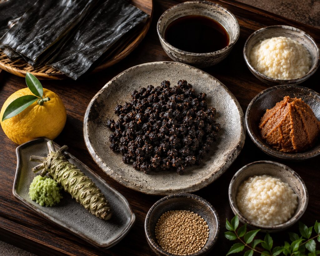 Rare Japanese ingredients beautifully displayed for professional chefs.