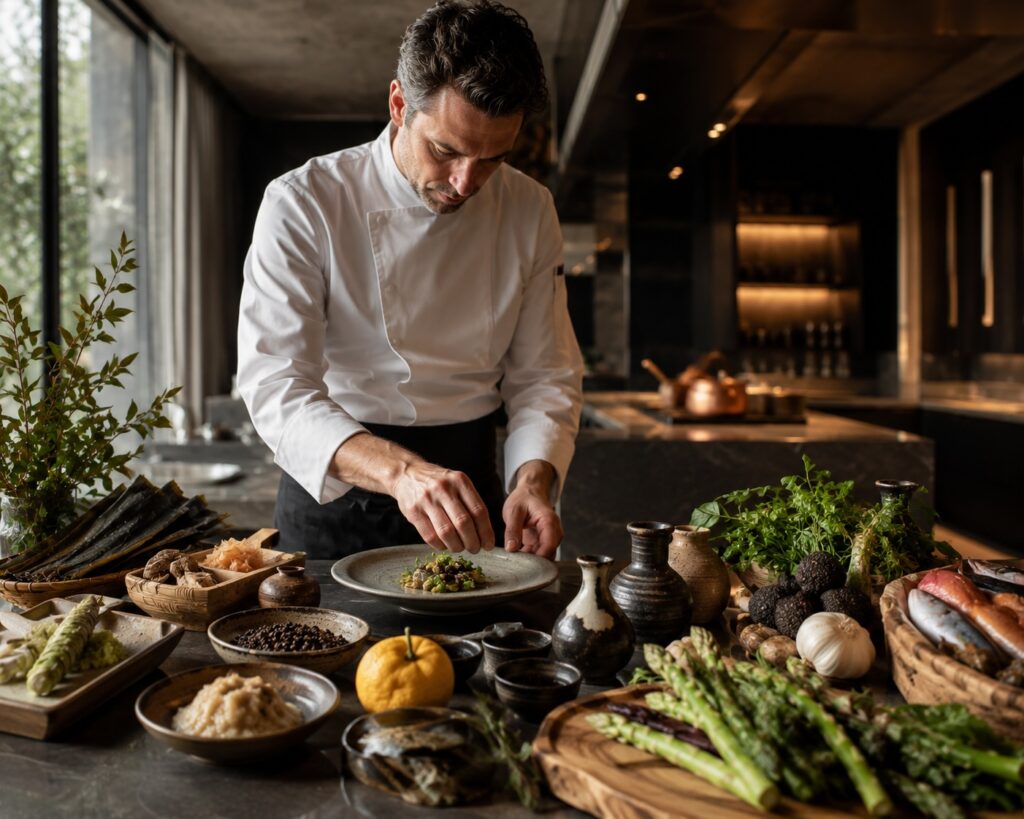 Professional chef combining Japanese ingredients with modern fine dining techniques.