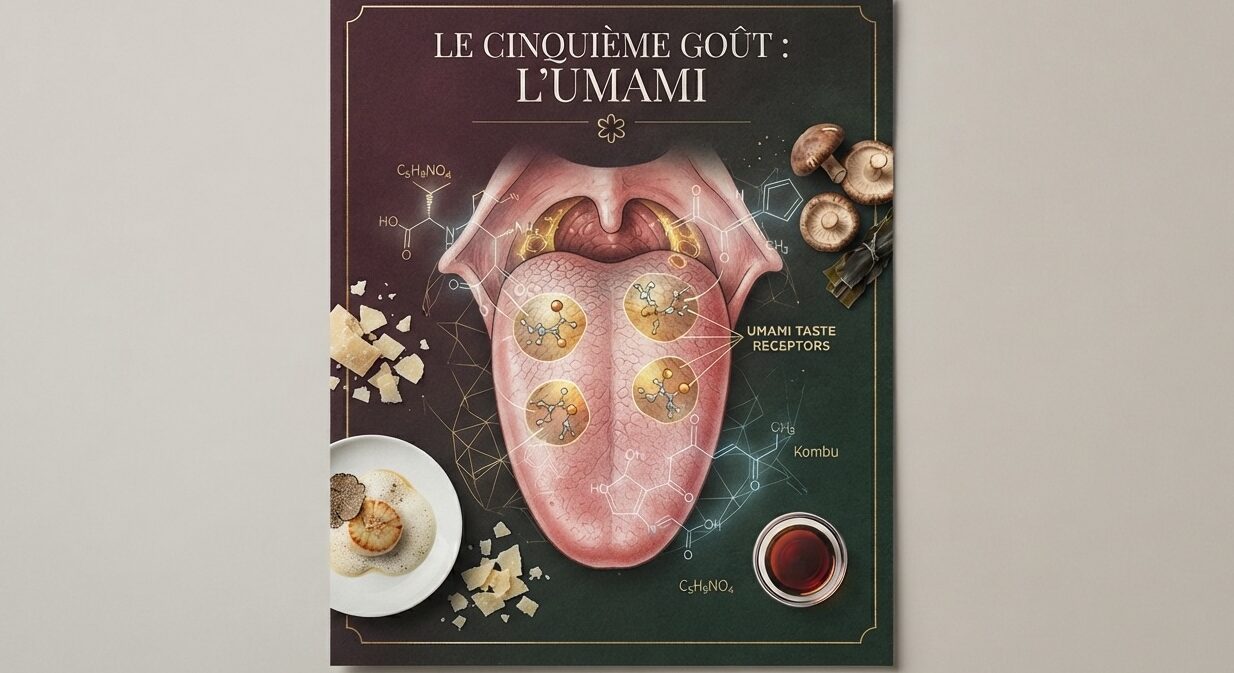 Illustration showing how umami taste receptors detect glutamate on the human tongue.
