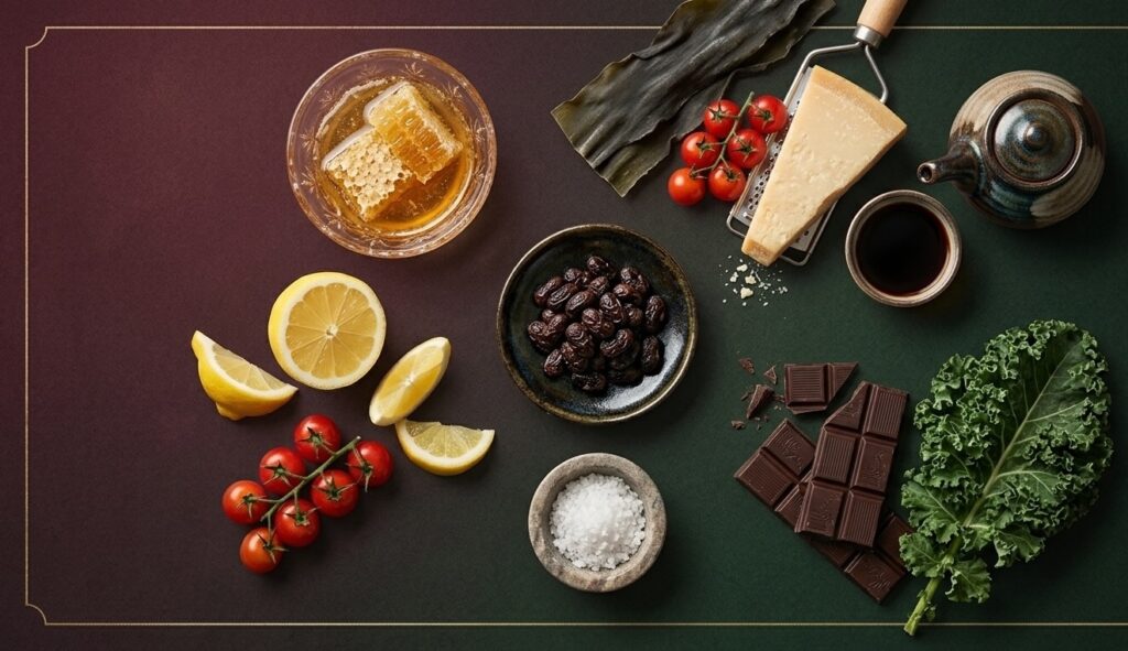The five basic tastes represented by premium natural ingredients including authentic Hamanatto.