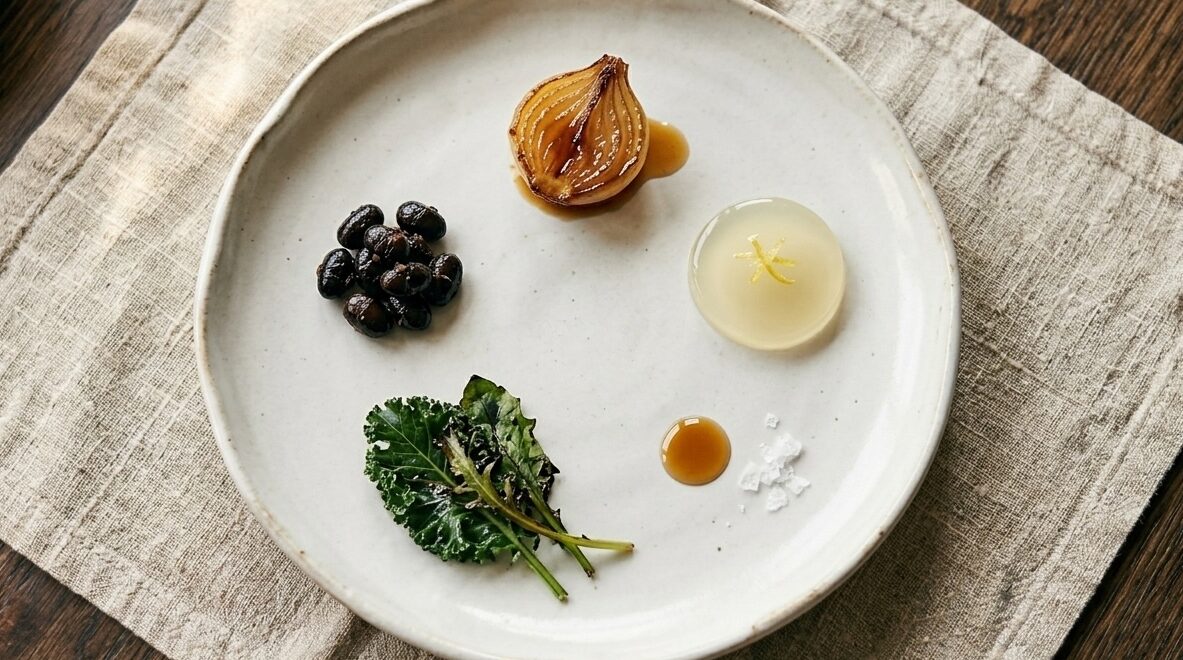 Fine dining dish demonstrating the balance of the five basic tastes.
