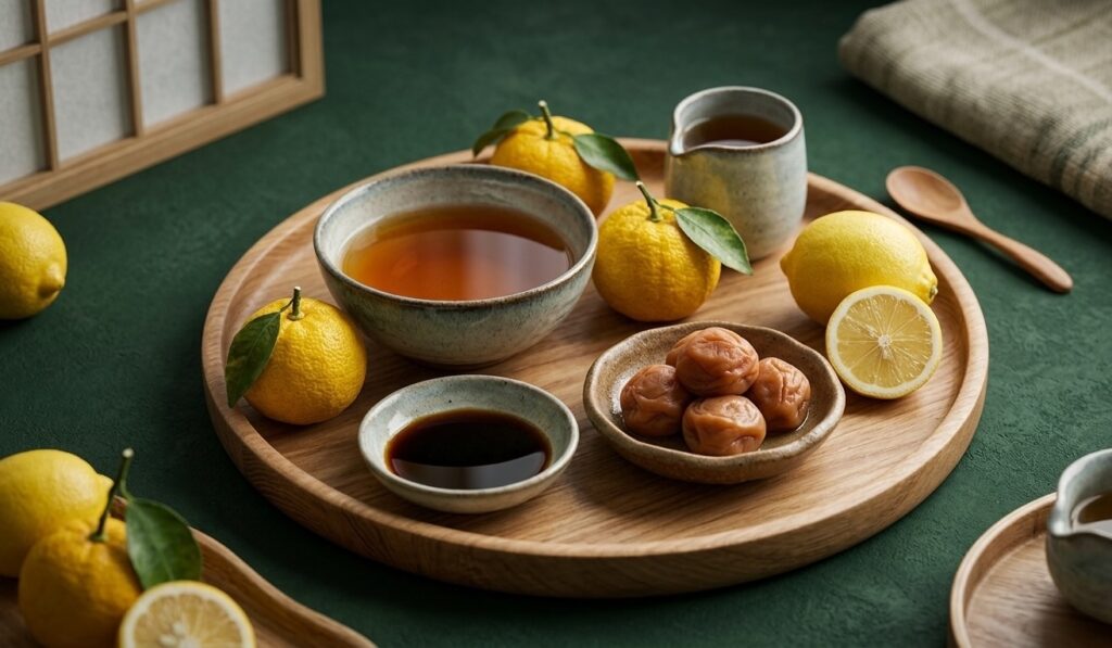 Traditional Japanese ingredients representing natural acidity and freshness.