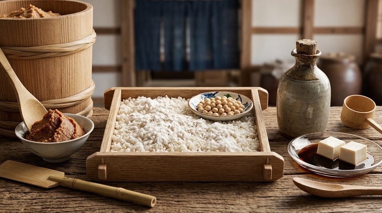 Traditional Japanese fermentation ingredients before transformation.