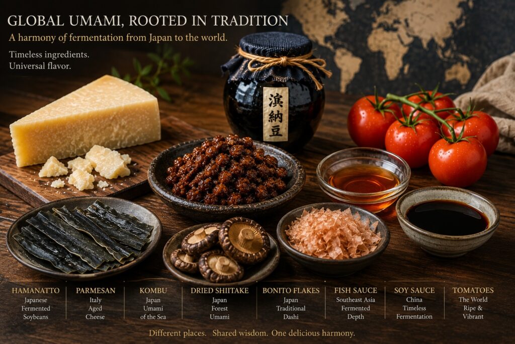 Authentic Hamanatto displayed with the world's finest natural umami ingredients.