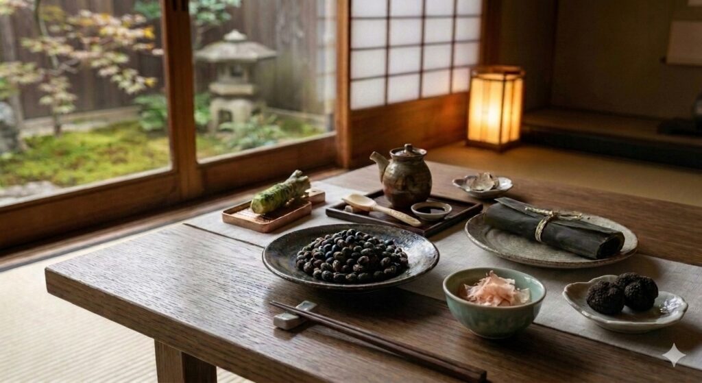 Luxury Japanese ingredients including authentic Hamanatto, kombu, bonito flakes, artisan soy sauce, and fresh wasabi.