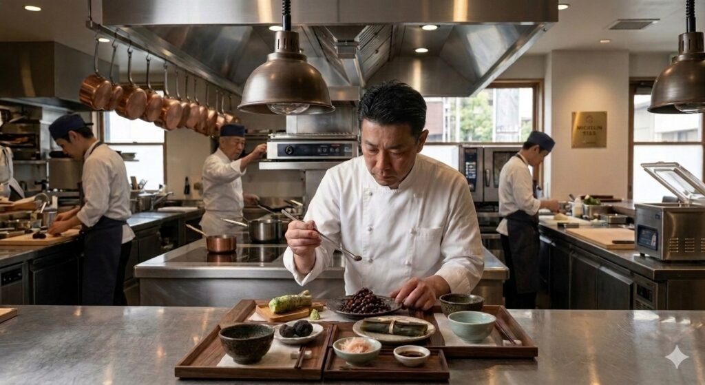 Chef building natural umami using traditional Japanese ingredients.