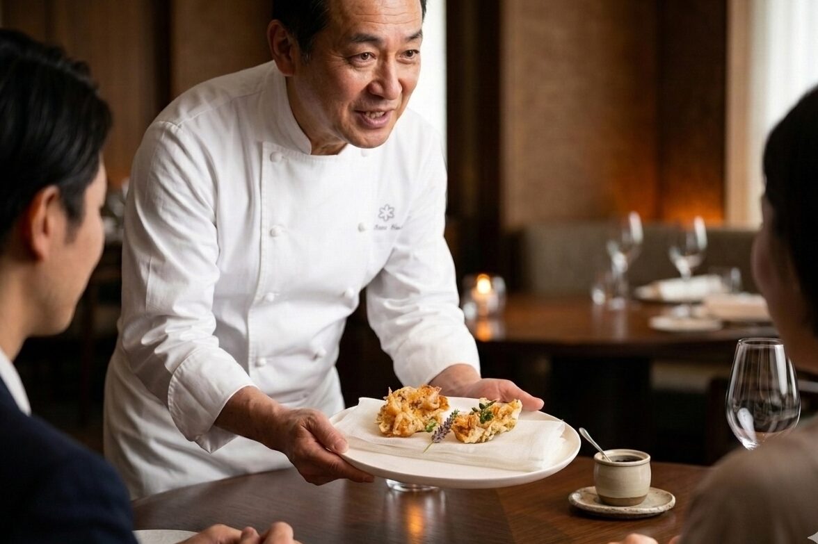 Chef introducing authentic Hamanatto during a fine dining experience.