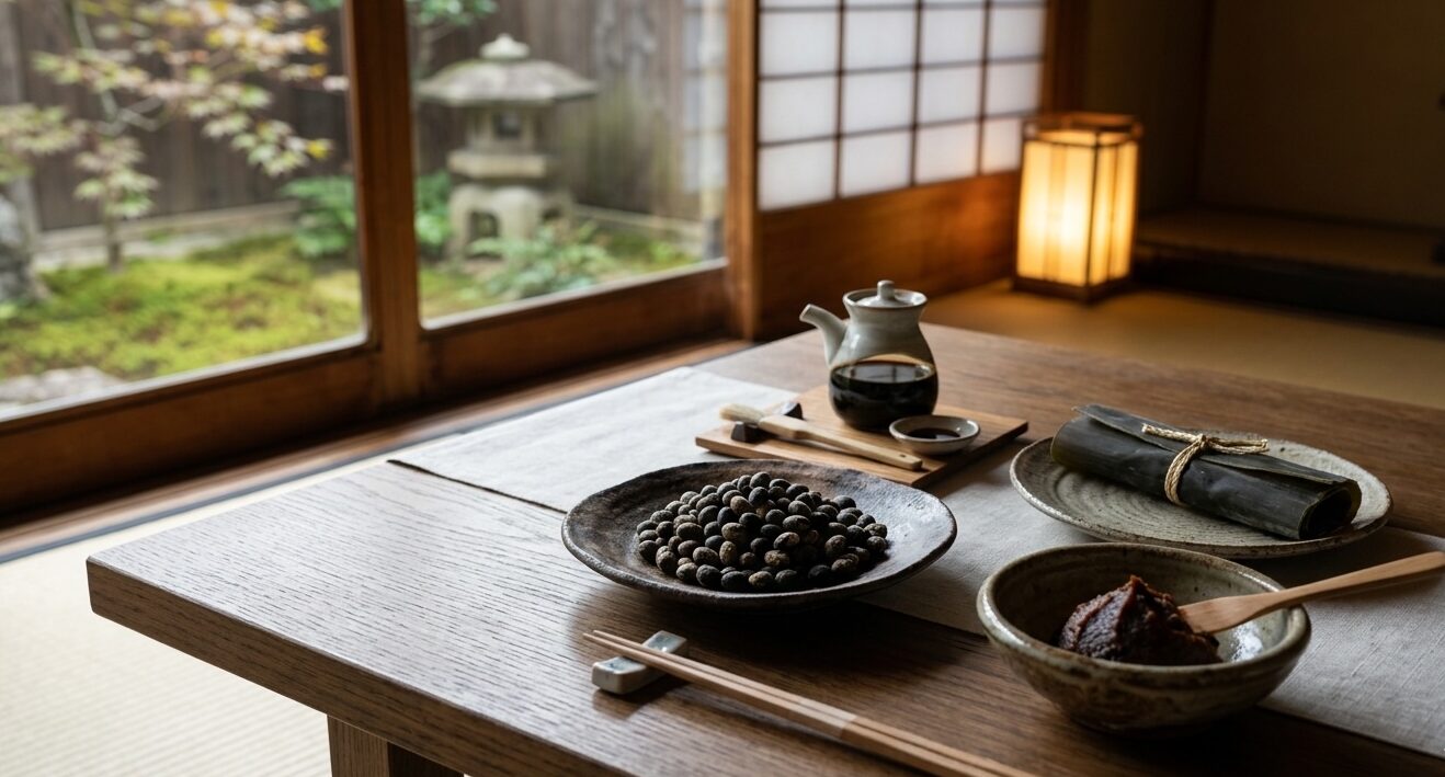 Authentic Hamanatto displayed with traditional Japanese fermented ingredients.
