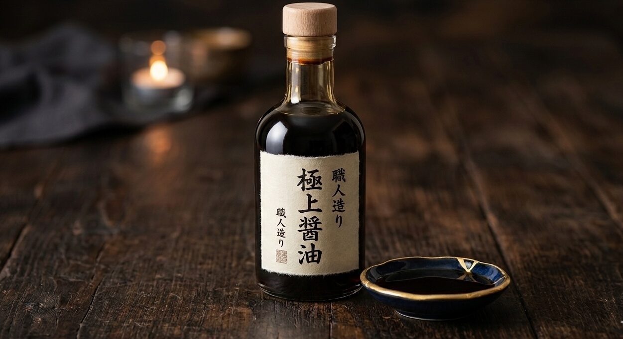 Premium naturally brewed Japanese soy sauce prepared for fine dining.