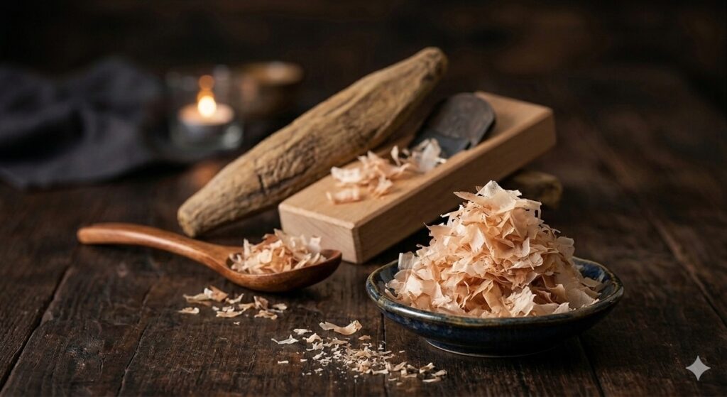 Traditional Japanese katsuobushi prepared using a wooden bonito shaver.