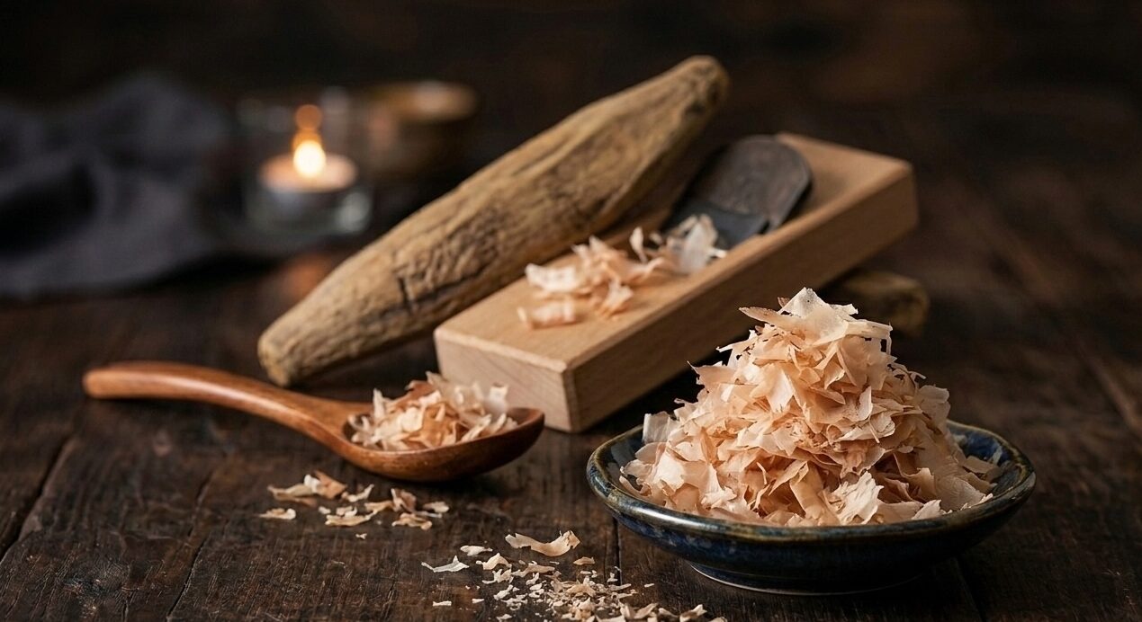 Freshly shaved authentic Japanese katsuobushi prepared using traditional methods.