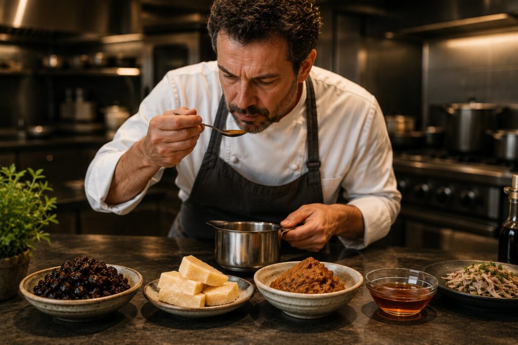 Chef comparing different fermented ingredients while creating a dish