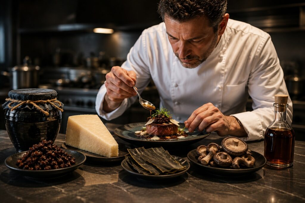 Authentic Hamanatto displayed alongside naturally glutamate-rich ingredients from Japanese and European cuisine.