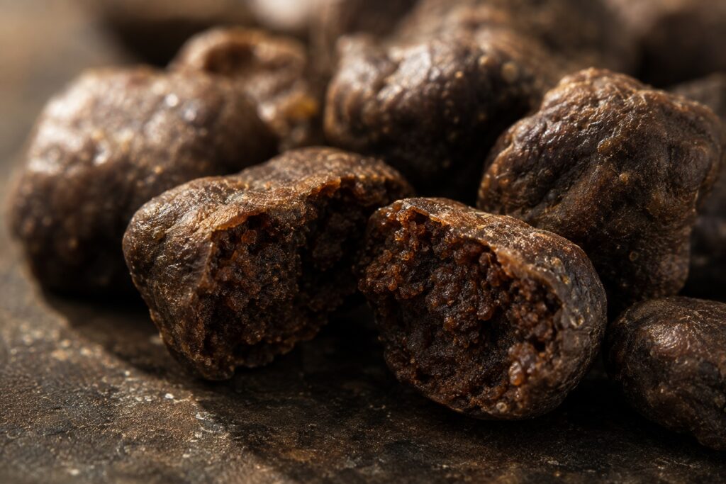 Close-up of authentic Hamanatto showing its dense interior after one year of fermentation.